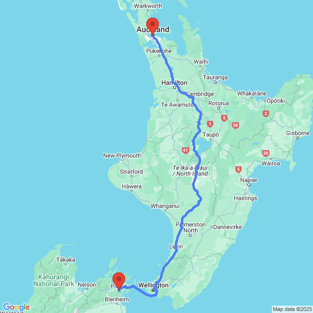 Map of Auckland to Picton