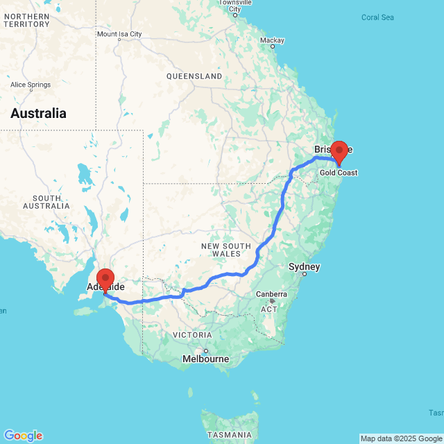 Trip between Adelaide and Gold Coast