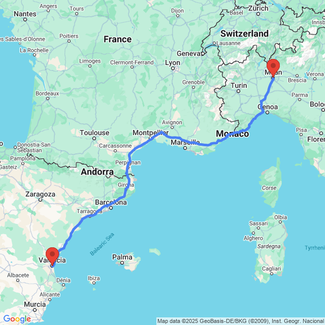 Trip between Valencia and Milan