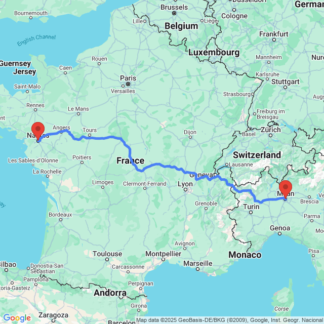 Trip between Nantes and Milan
