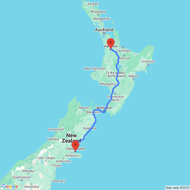 Trip between Hamilton and Christchurch