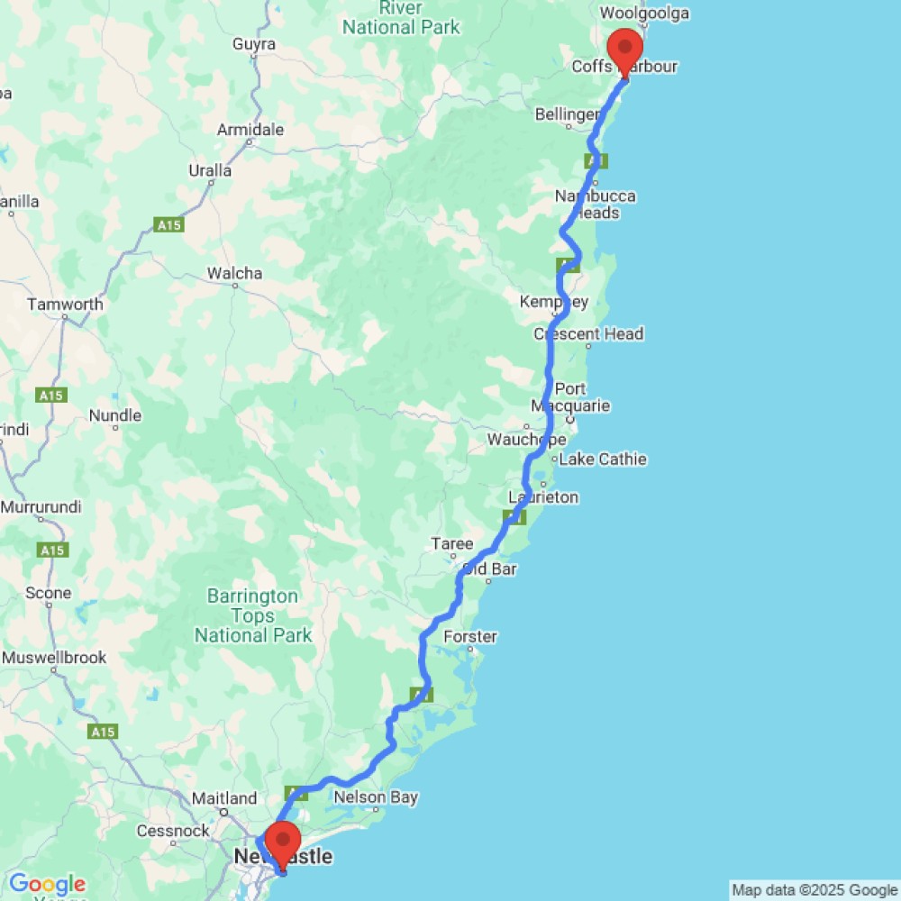 Trip between Coffs Harbour and Newcastle