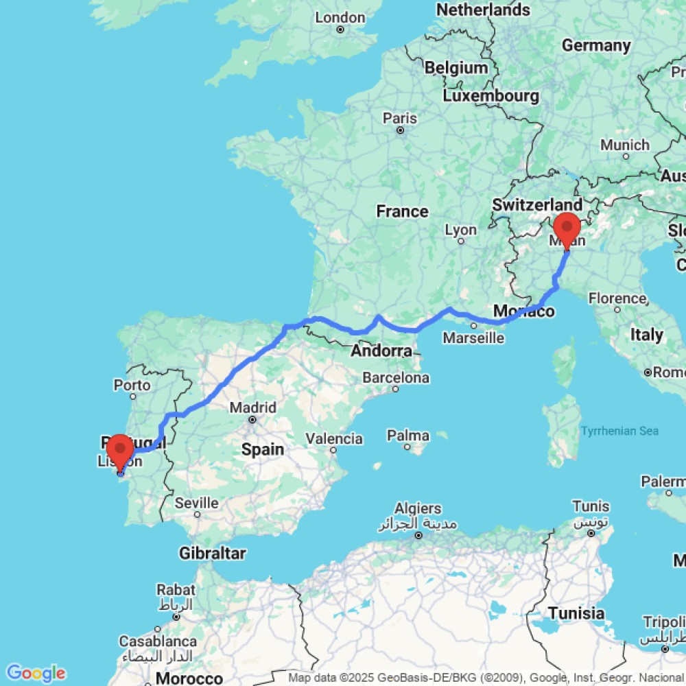 Trip between Milan and Lisbon