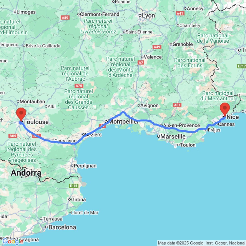Trip between Nice and Toulouse