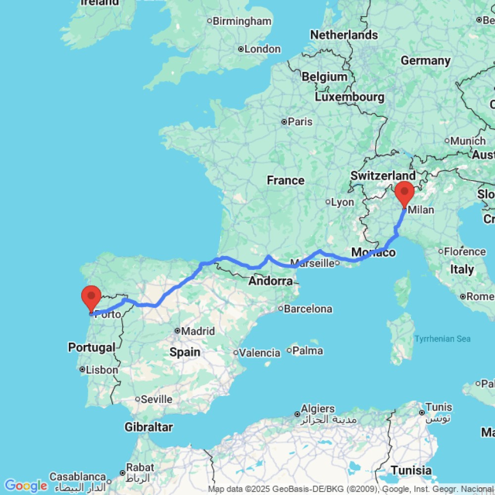 Trip between Milan and Porto