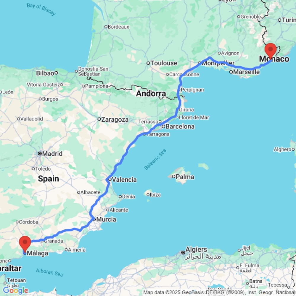 Trip between Nice and Malaga