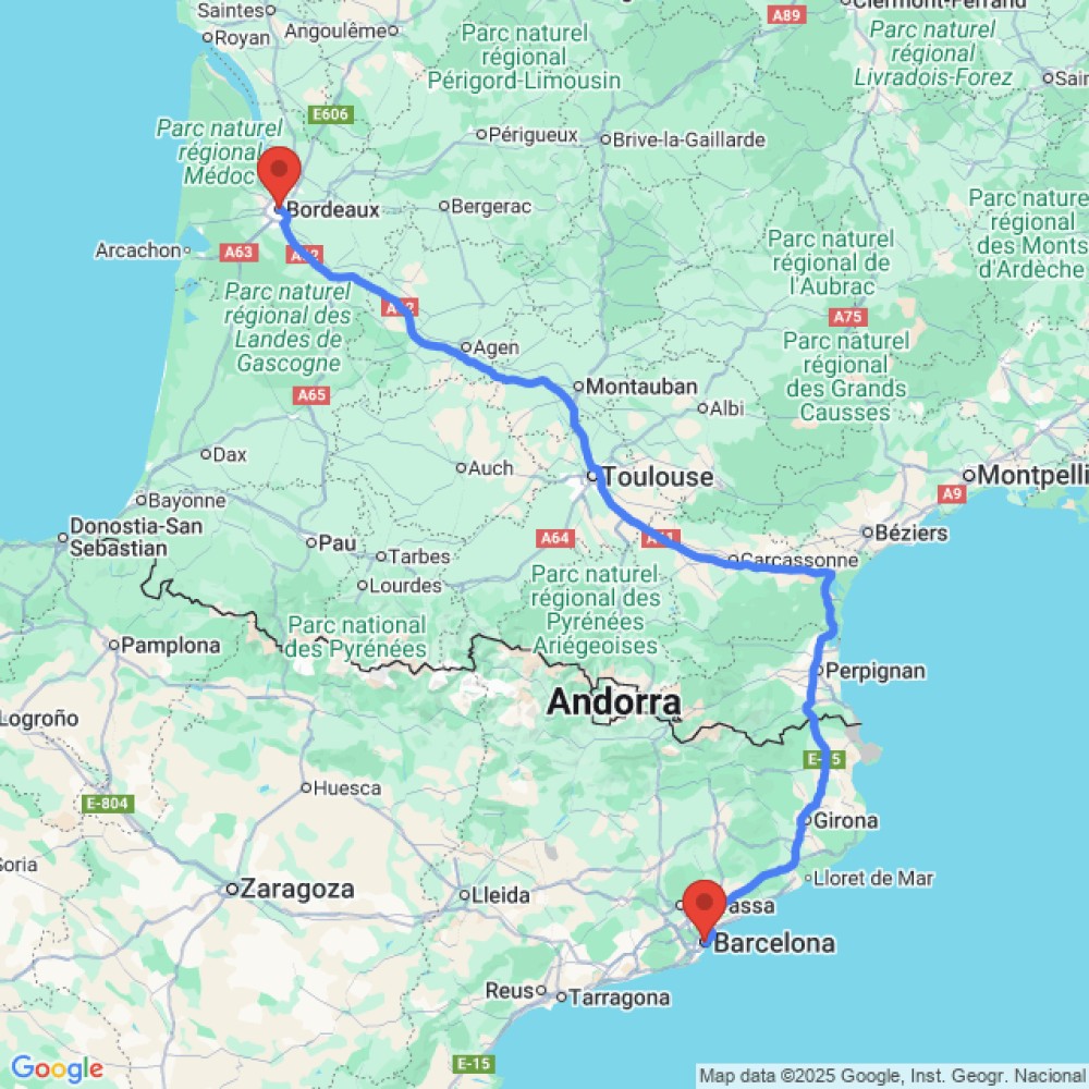 Trip between Bordeaux and Barcelona