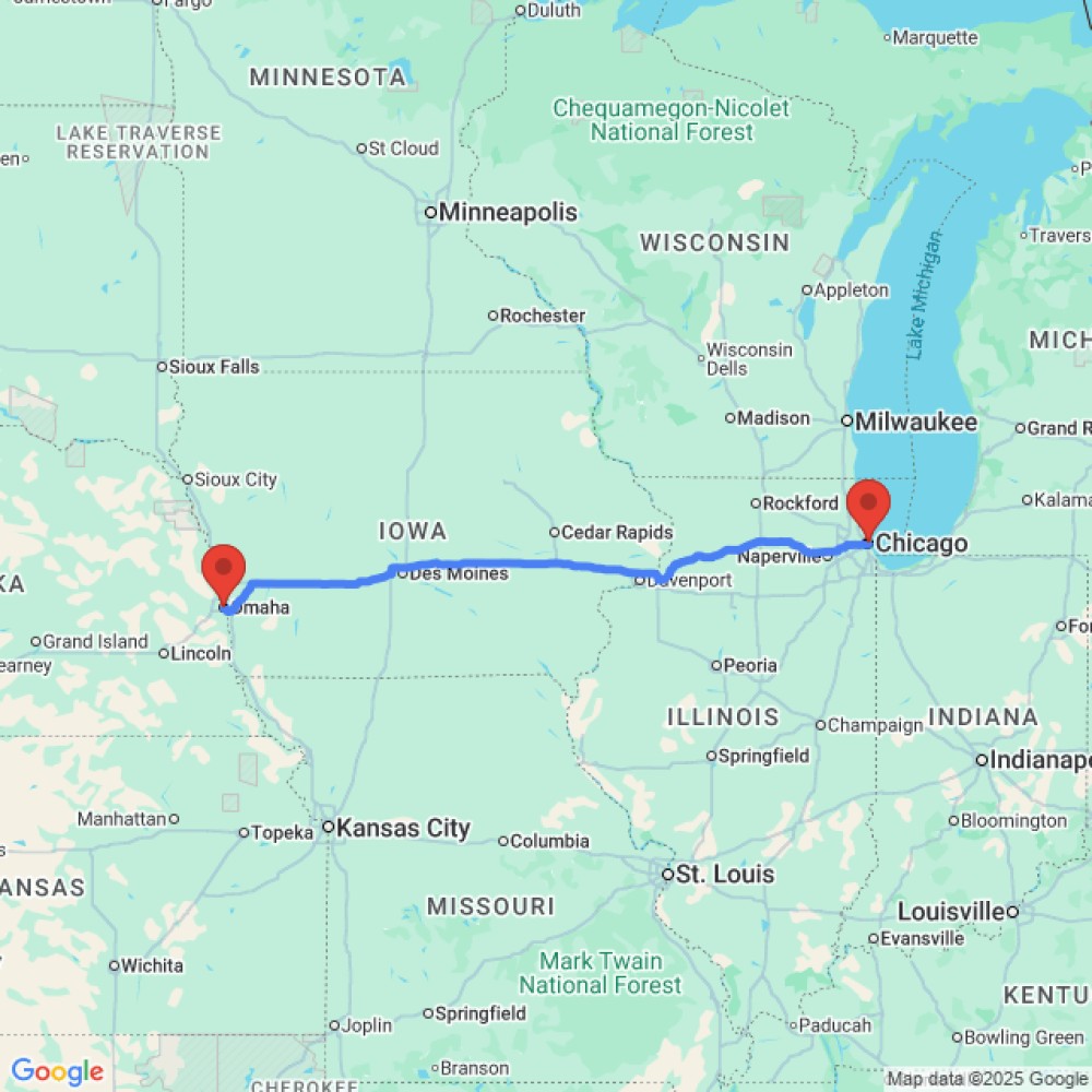 Trip between Omaha and Chicago