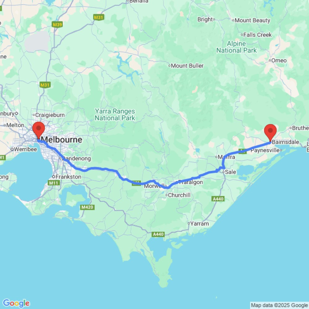 Trip between Bairnsdale and Melbourne