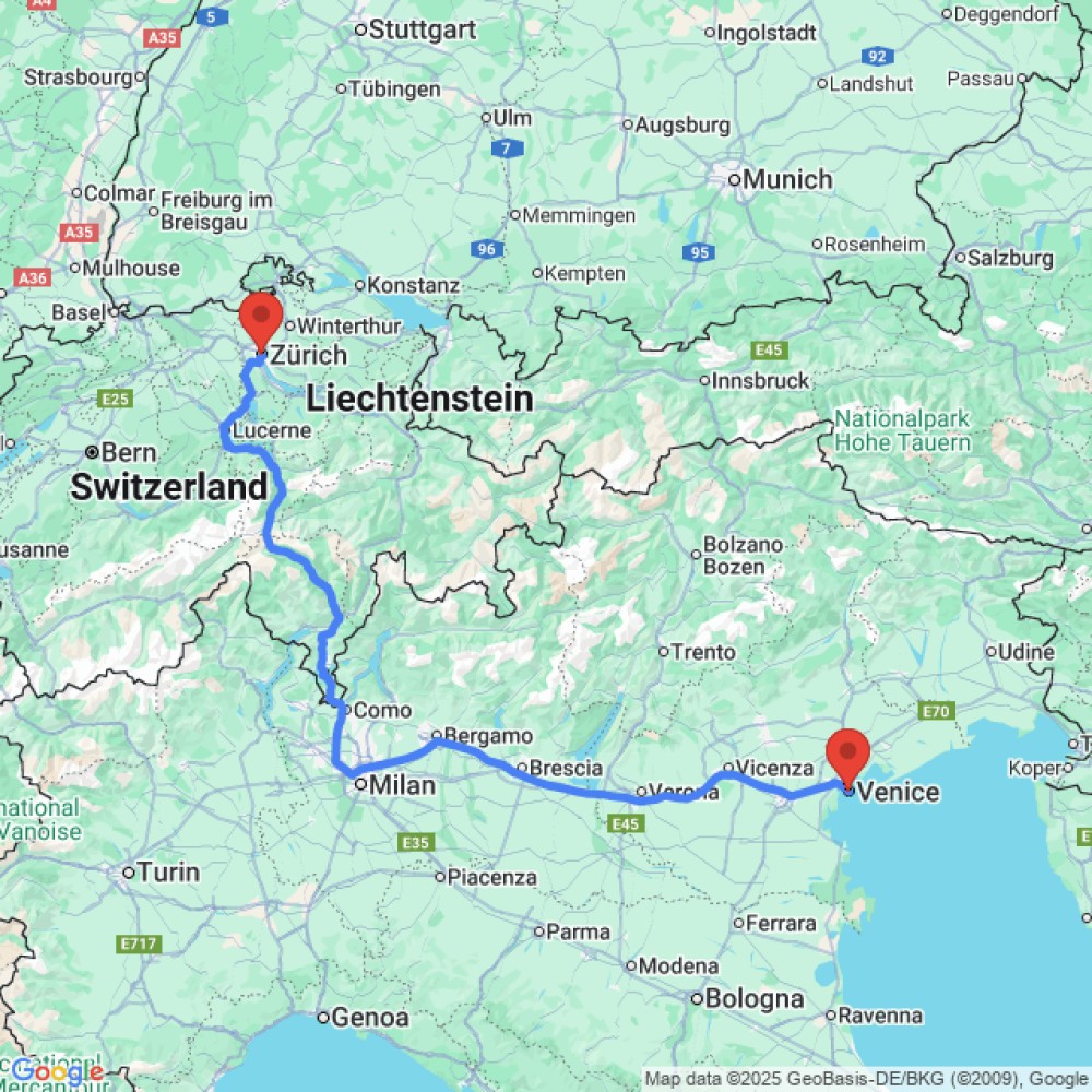 Trip between Venice and Zurich
