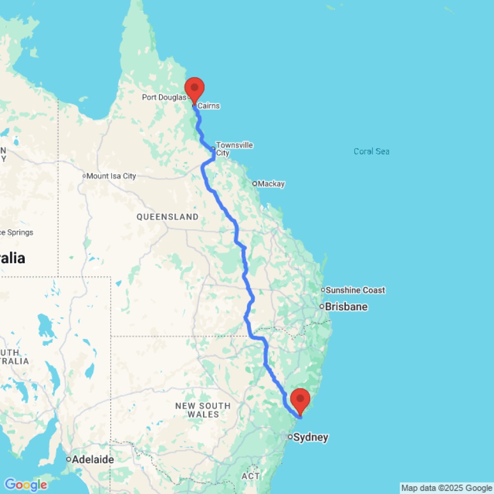 Trip between Cairns and Newcastle