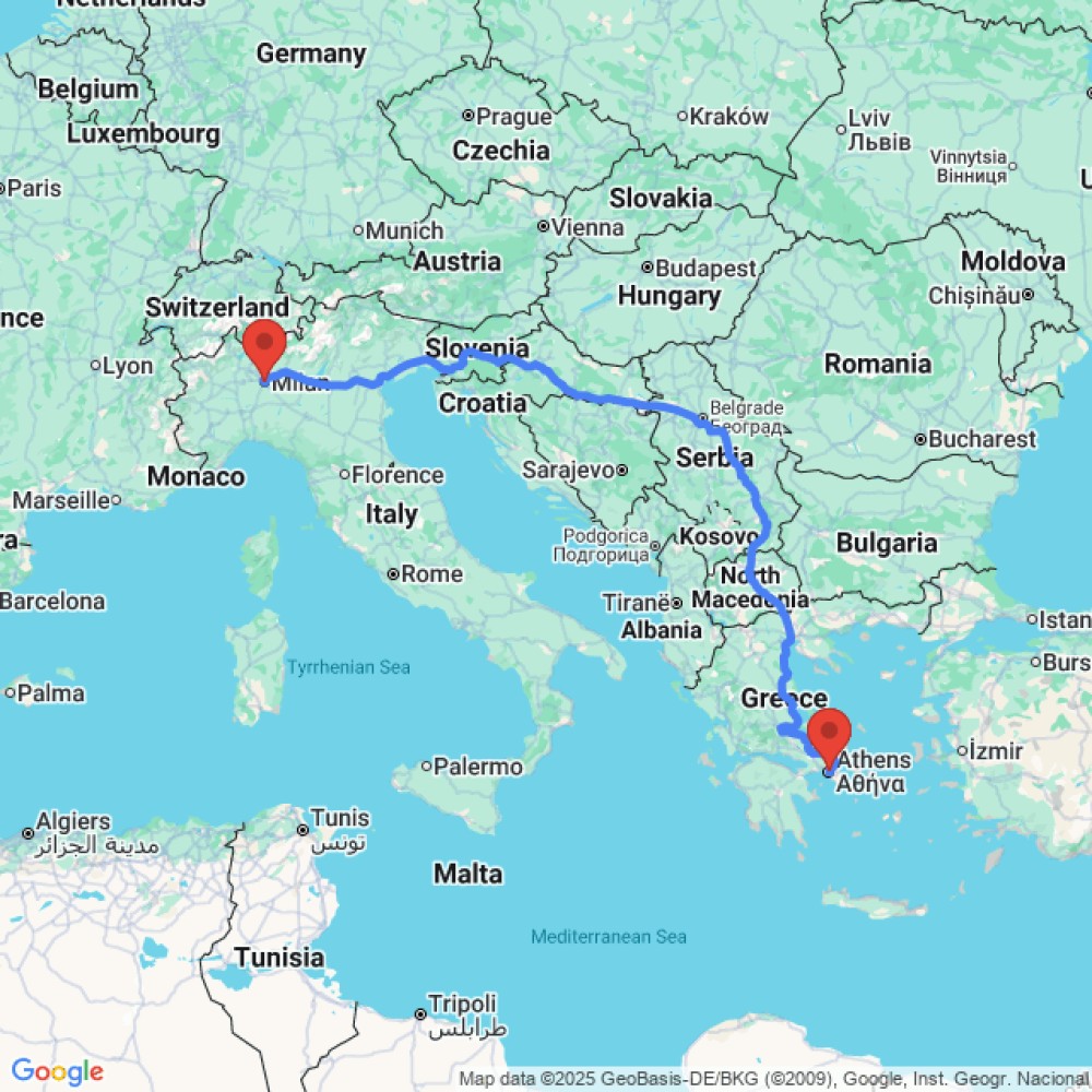 Trip between Milan and Athens