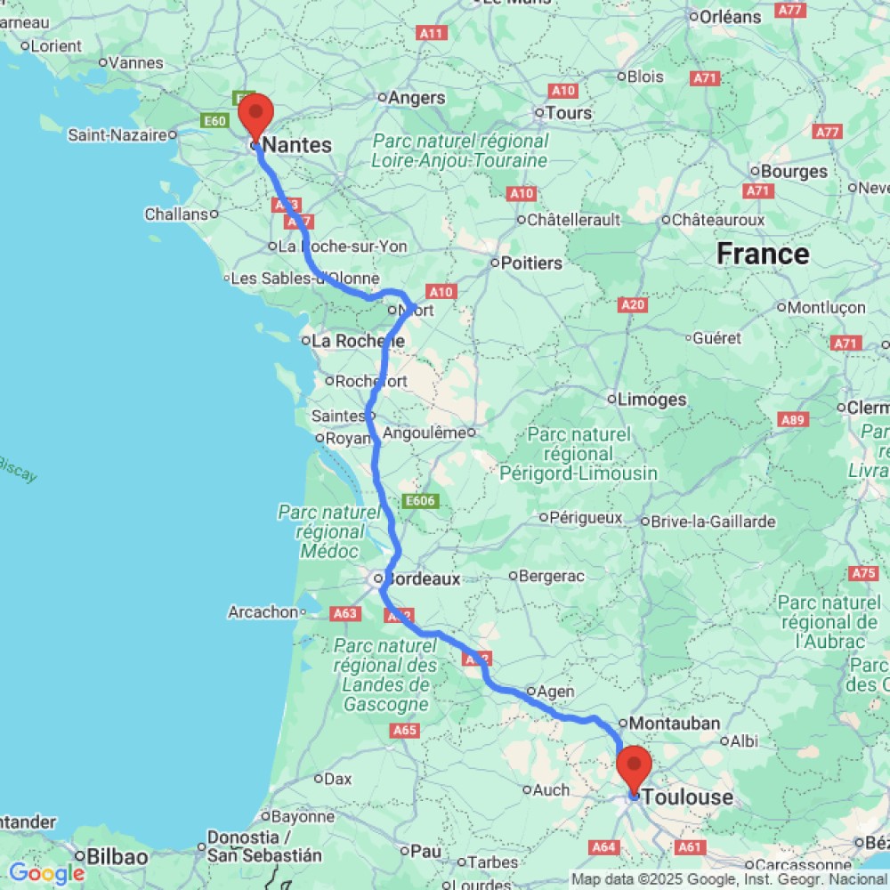 Trip between Nantes and Toulouse