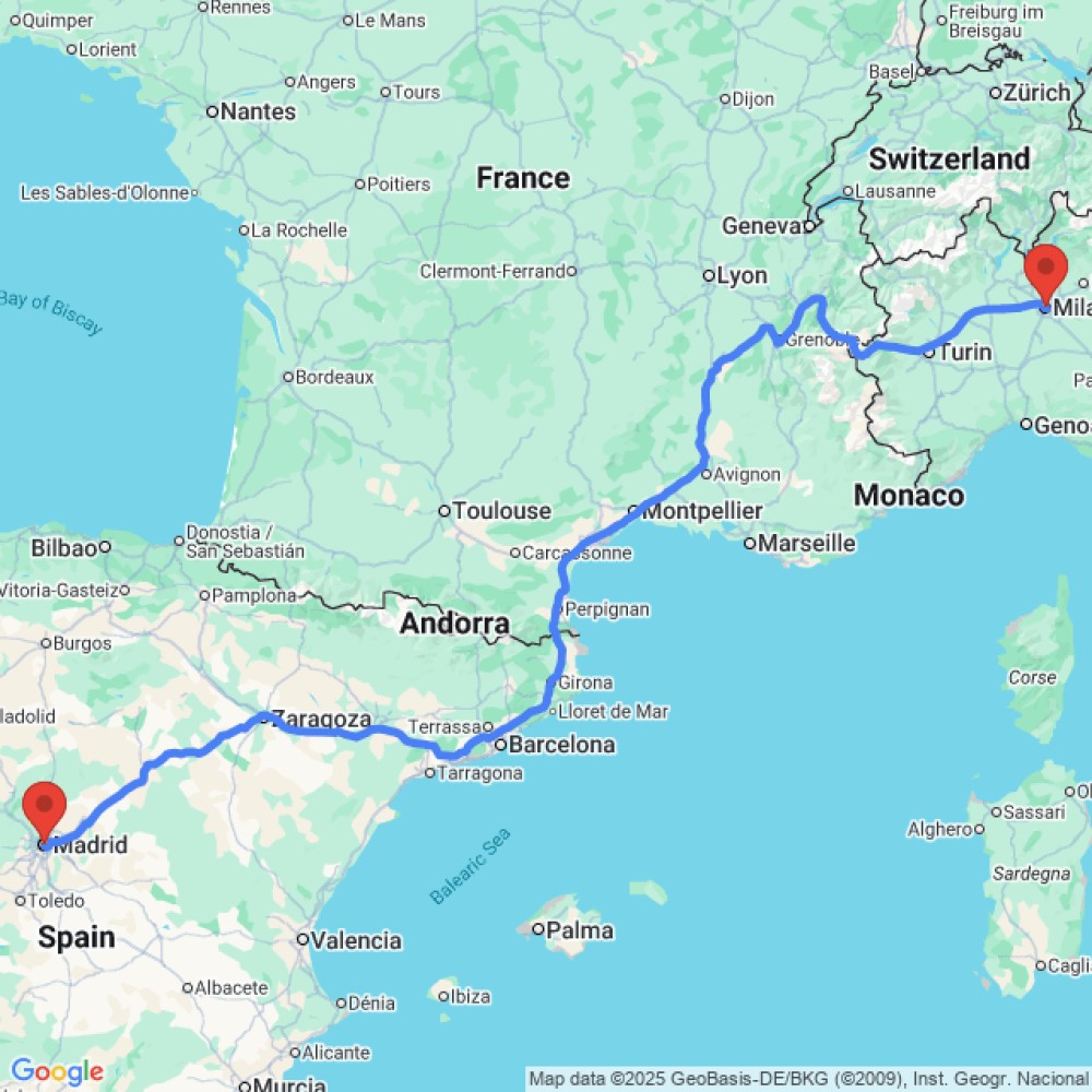 Trip between Milan and Madrid