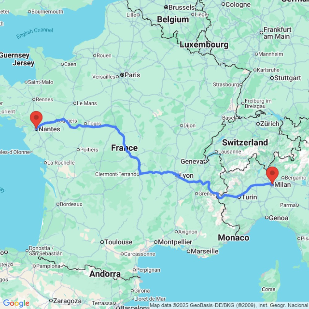 Trip between Nantes and Milan