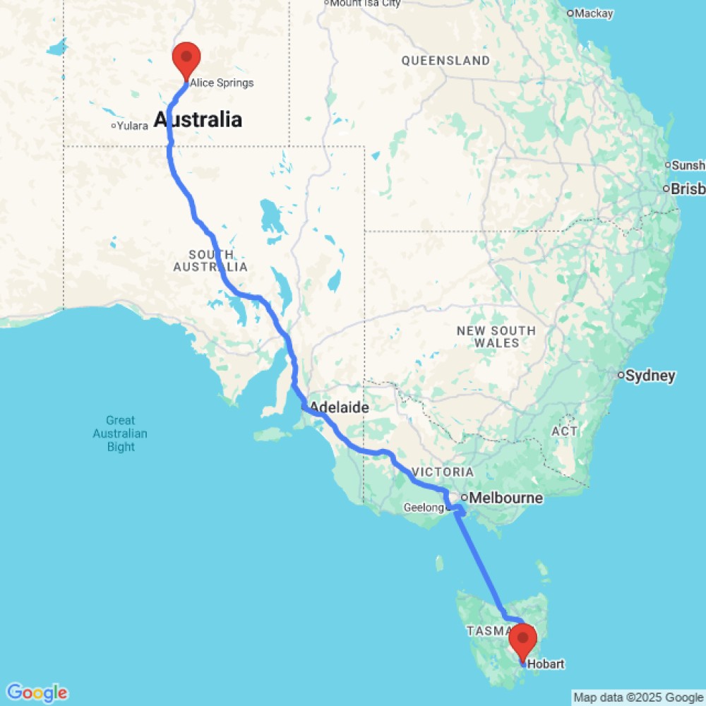 Trip between Hobart and Alice Springs