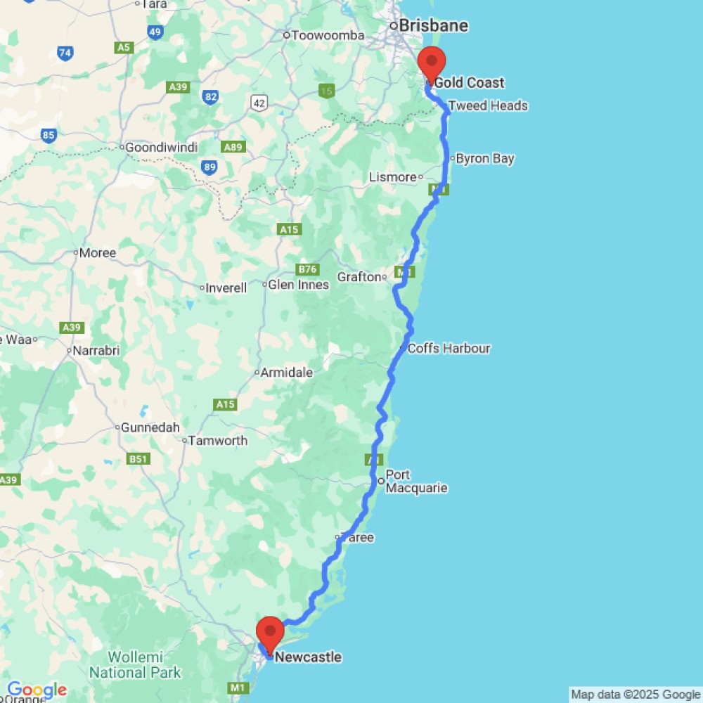 Trip between Gold Coast and Newcastle