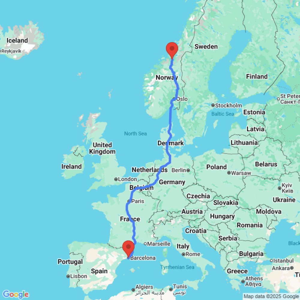 Trip between Barcelona and Trondheim