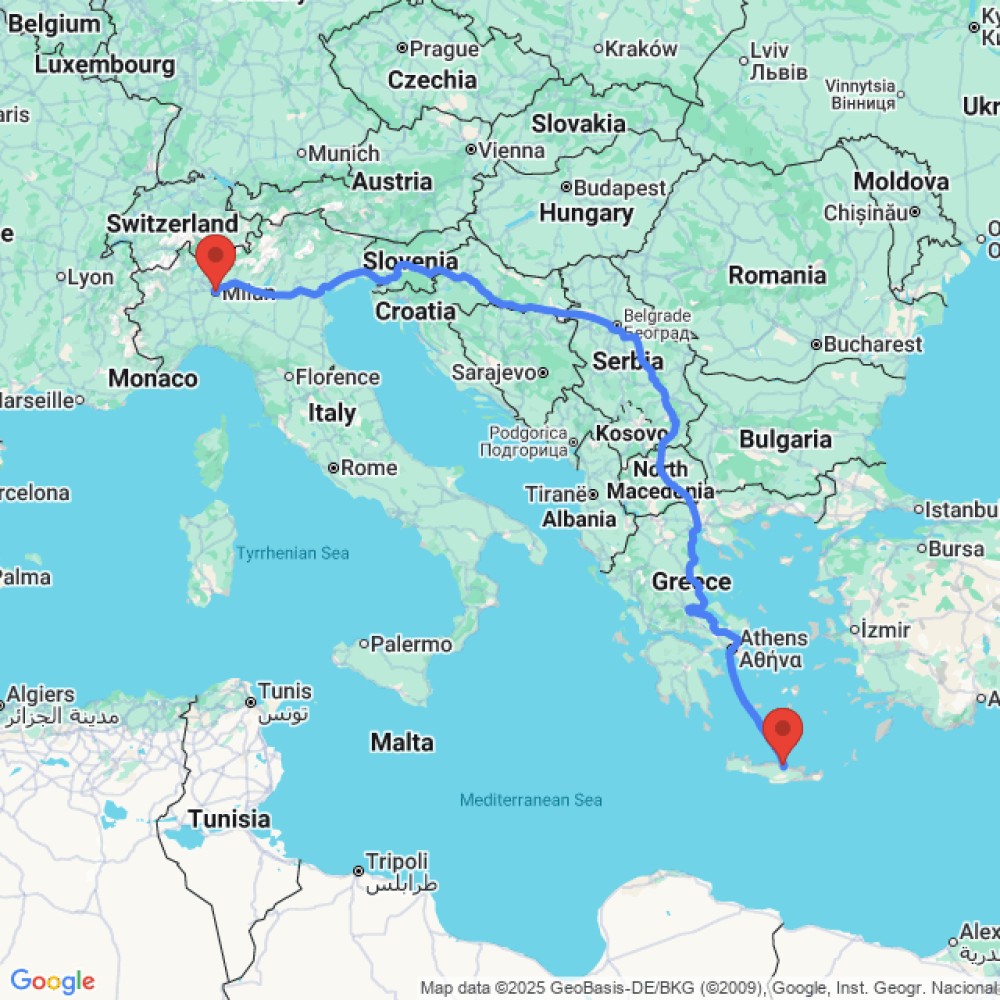 Trip between Milan and Heraklion