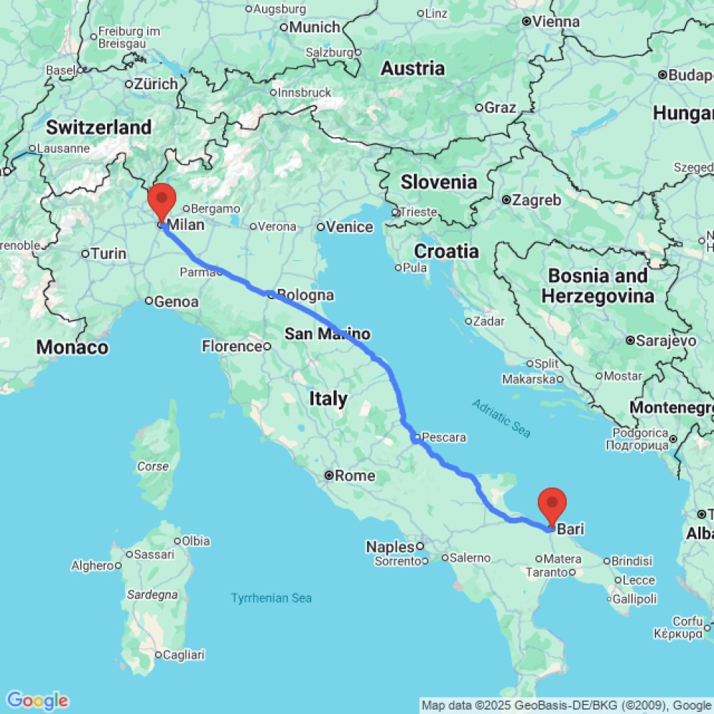Trip between Milan and Bari