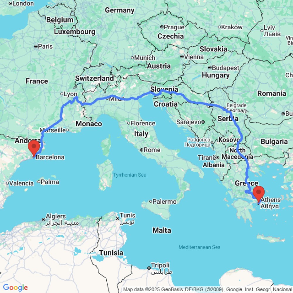 Trip between Barcelona and Athens