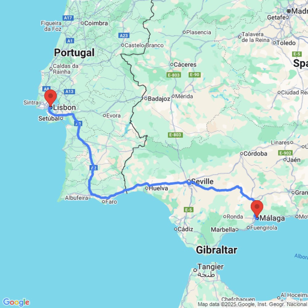 Trip between Malaga and Lisbon