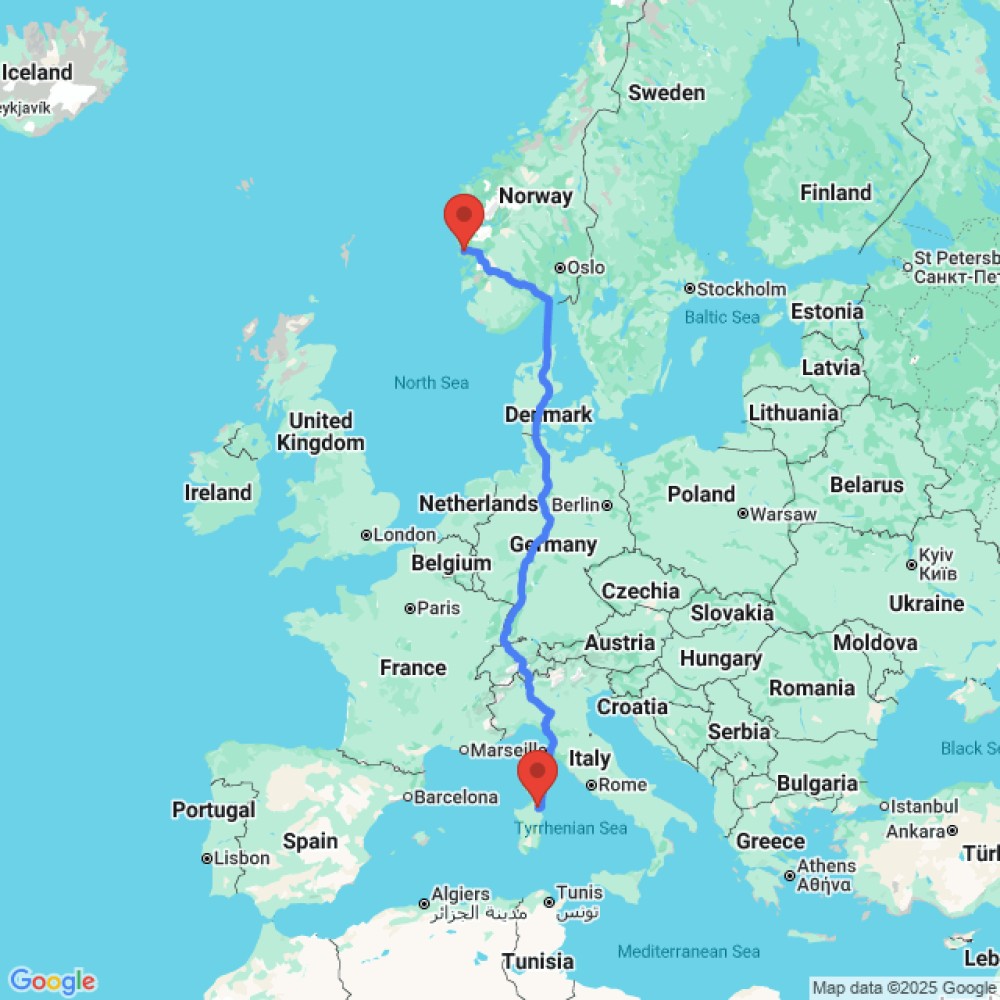 Trip between Bergen and Olbia