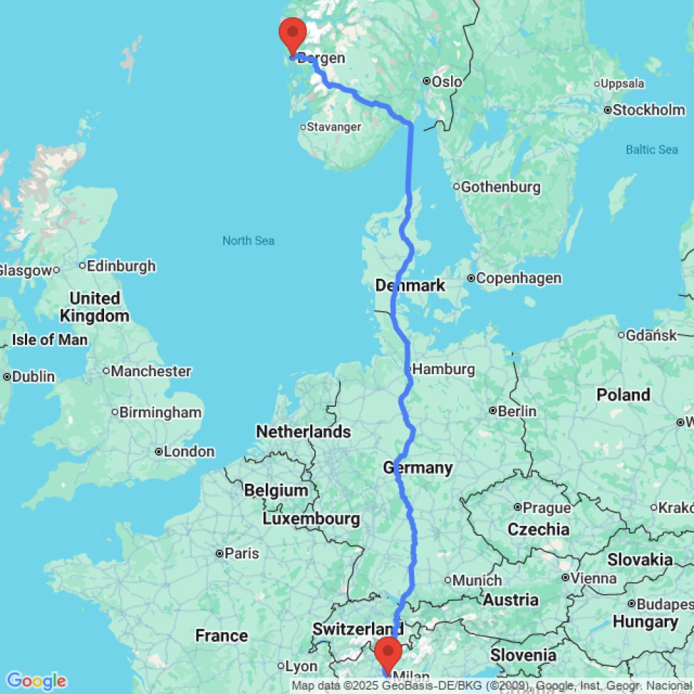 Trip between Bergen and Milan