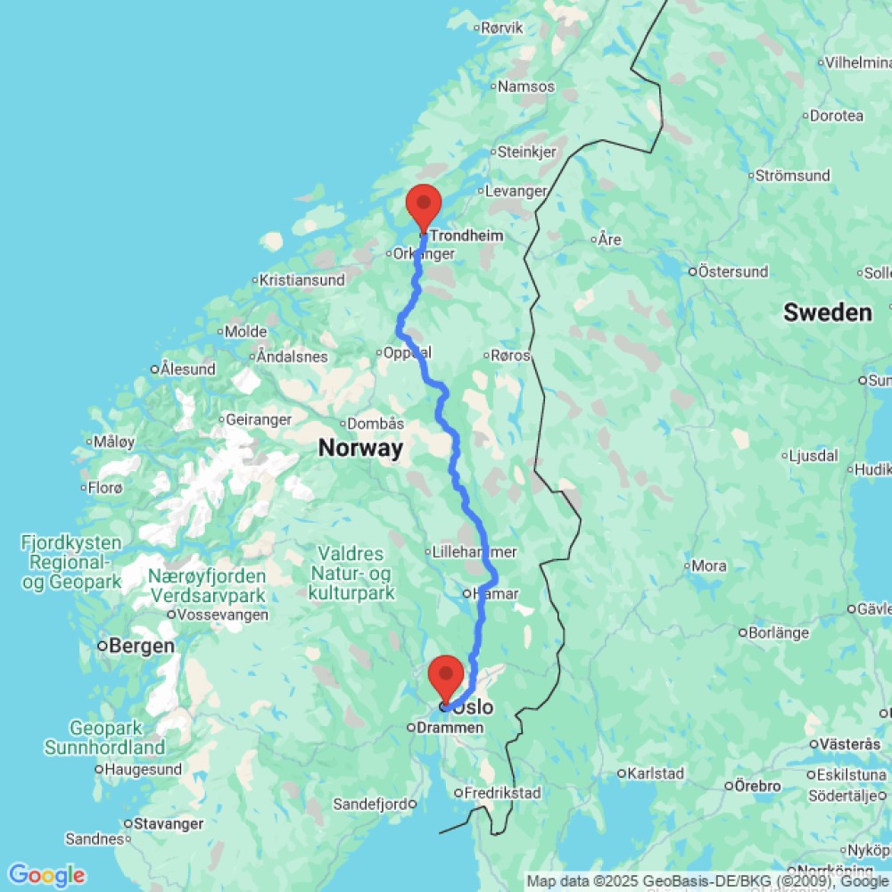 Trip between Trondheim and Oslo