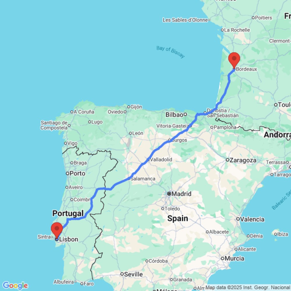Trip between Bordeaux and Lisbon