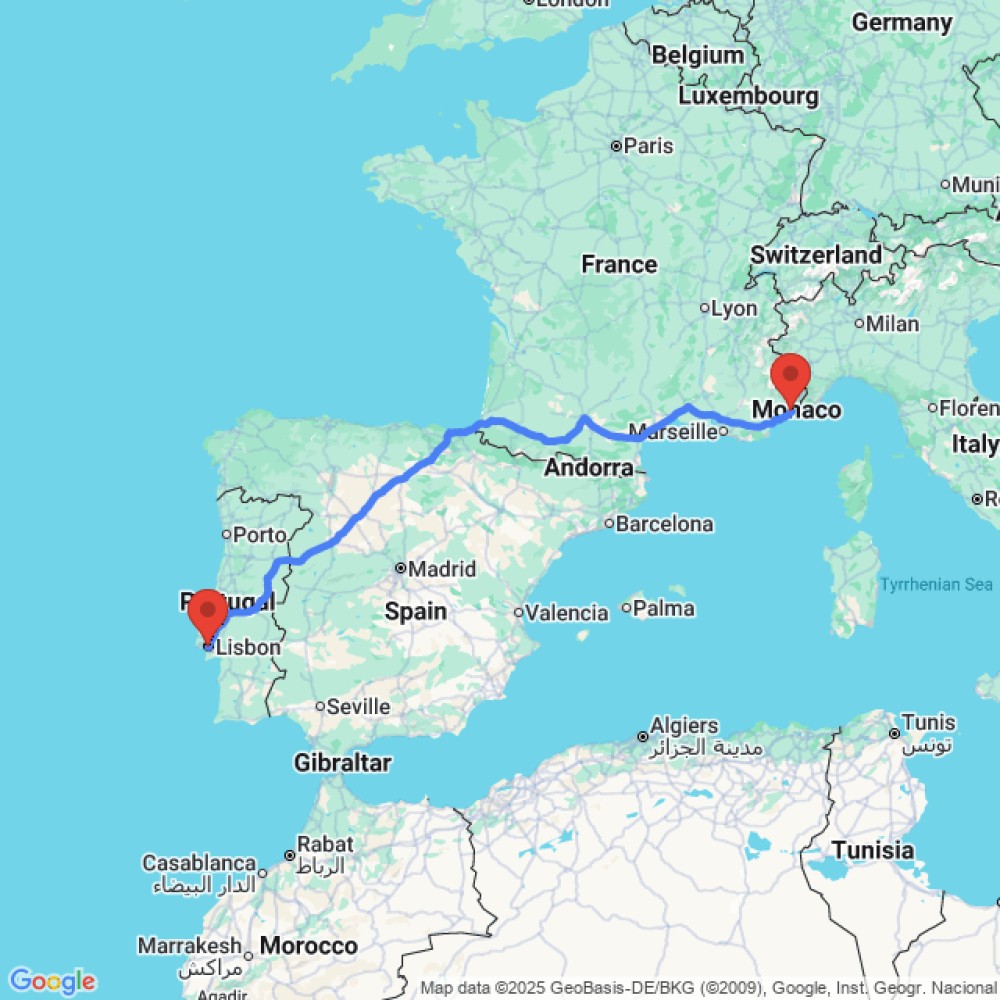 Trip between Nice and Lisbon