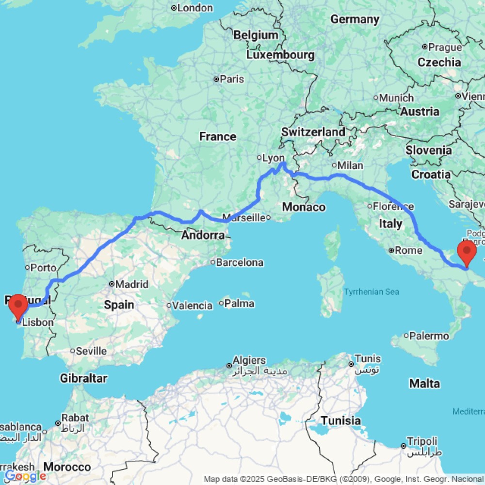 Trip between Bari and Lisbon