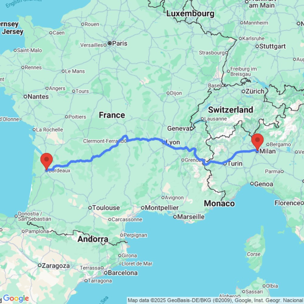 Trip between Bordeaux and Milan