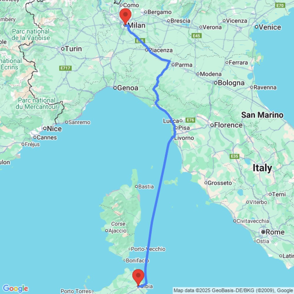 Trip between Olbia and Milan