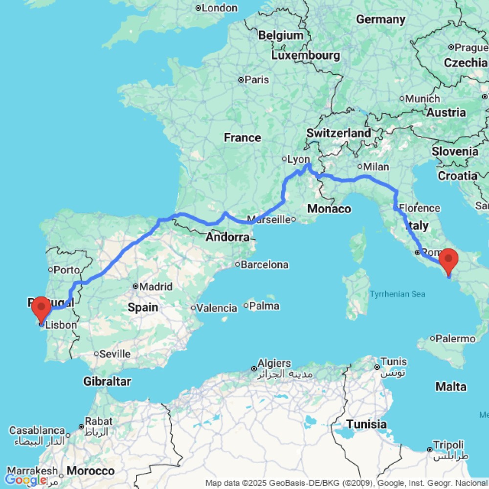 Trip between Naples and Lisbon