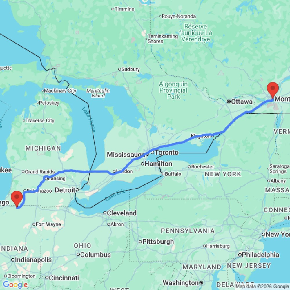 Trip between Elkhart and Montreal