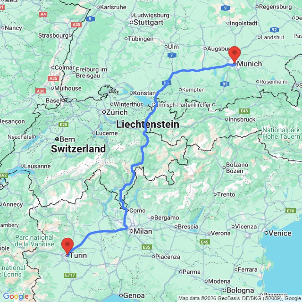 Trip between Munich and Turin